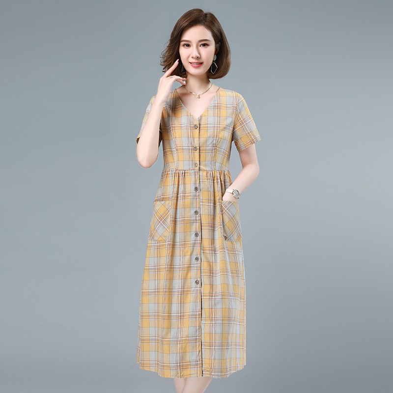 裙子30-50岁女士夏天薄款宽松收腰显瘦开衫妇女休闲格子棉麻连衣裙 黄