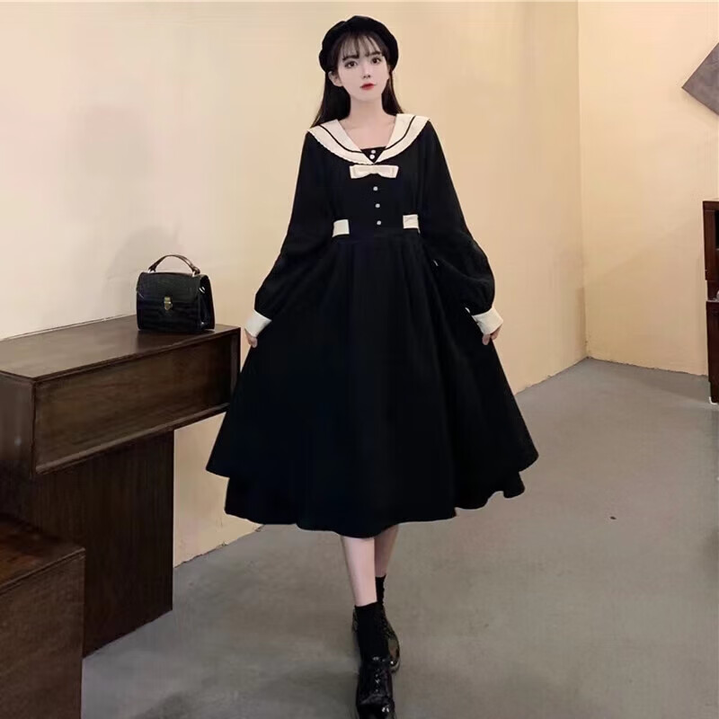 1成人礼服女长袖学生红色长裙秋冬大码胖mm收腰显瘦海领演出连衣裙 黑色 2XL_建议140-160斤