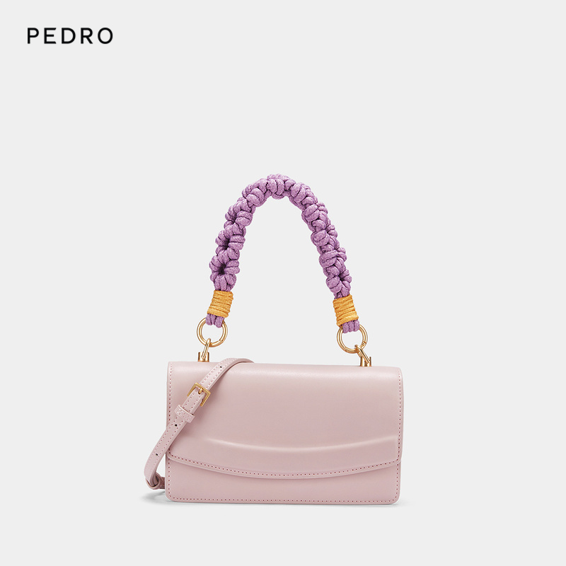 Pedro拼色编织手柄手提小方包挽包女包单肩包斜挎包PW2-75060079浅粉色 XS