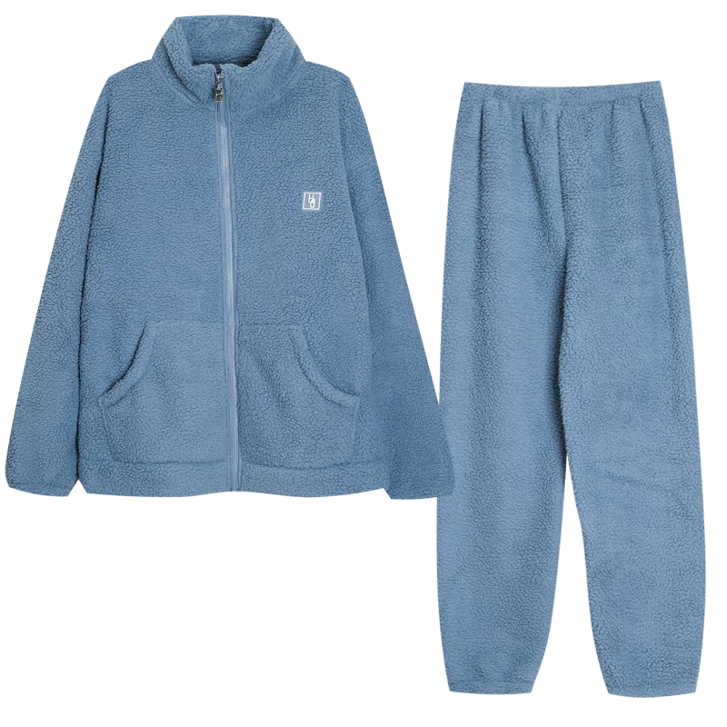 紅豆居家羊羔絨睡衣男秋冬加絨加厚開衫男士家居服拉鏈款 莫奈藍180/100A