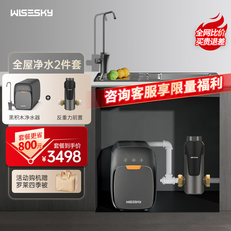 WISESKY韦思卡尔黑积木净水器陶氏RO膜滤芯净饮机家用自来水直饮机厨房净水机近1200G大流量M2大通量 厨下RO净水器+手动款前置过滤器