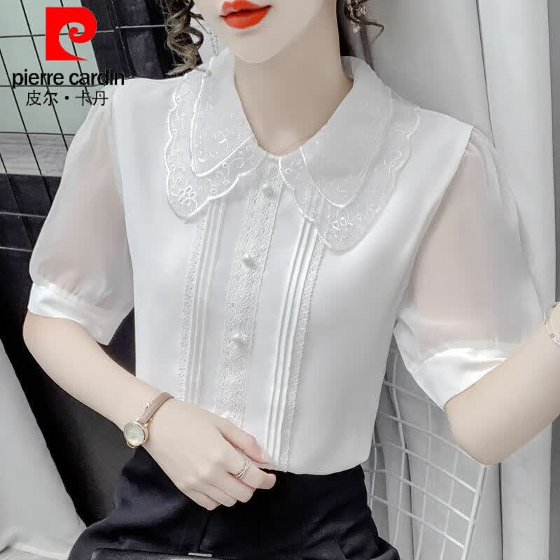 皮尔卡丹(pierre cardin)2023新款娃娃领白色衬衫短袖蕾丝雪纺衫女