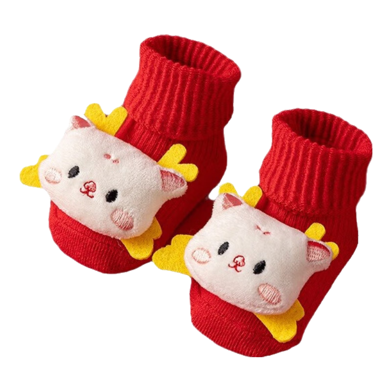 新生嬰兒襪子新年紅襪秋冬季加厚a類(lèi)棉防滑地板襪兒童紅色卡通 1雙 小白龍】紅針襪】 春秋針織襪【0-1歲】