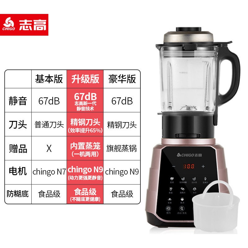 志高(CHIGO)破壁机家用全自动多功能小型料理机加热豆浆非轻音榨汁机 玫瑰金【1.75L 普通内置蒸笼】