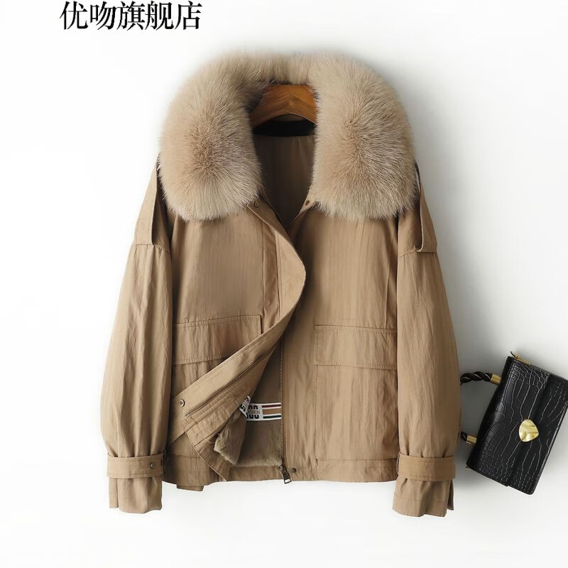 優(yōu)吻（YOUWen）海寧派克服女皮草外套短款2024年秋冬新款獺兔毛內(nèi)膽可拆卸狐貍毛 卡其色 M