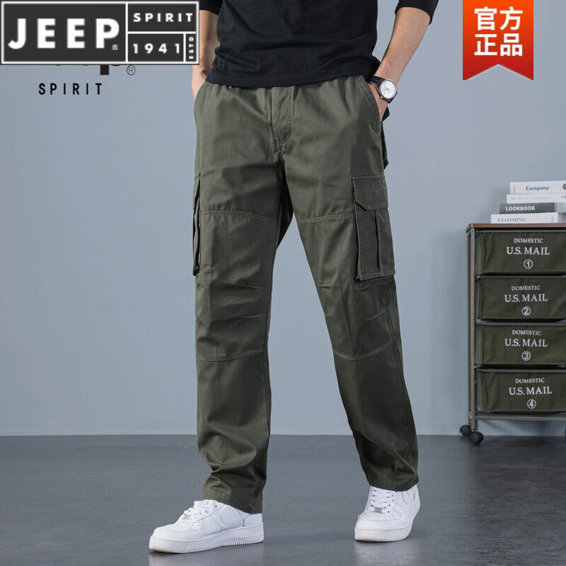 JEEP/吉普【特价捡漏】工装裤男士春秋季直筒宽松阔腿裤男胖子大码高腰休闲裤厚款中青年潮流男装 J836厚款军绿色 单件装 M码【适合体重100-125斤】