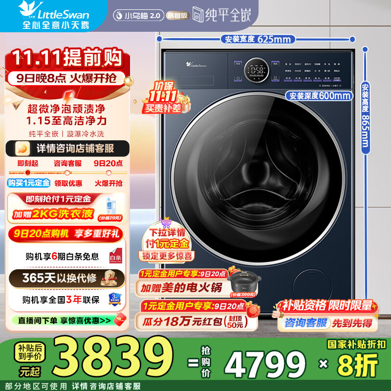 小天鹅（LittleSwan）洗衣机滚筒全自动10KG 超微净泡1.15洗净比【小乌梅2.0高奢版】 一级能效家电国家补贴20% TG10VE60