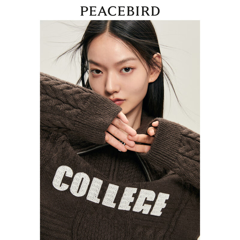 太平鸟复古回潮纹样拉链翻领毛衣女秋冬打底毛衣针织衫女上衣 咖色 S