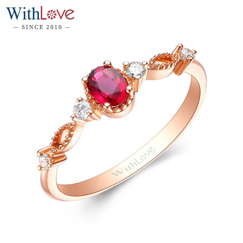 withlove 玫瑰18k金红宝石天然椭圆彩宝群镶钻石戒指女戒 28分 玫瑰