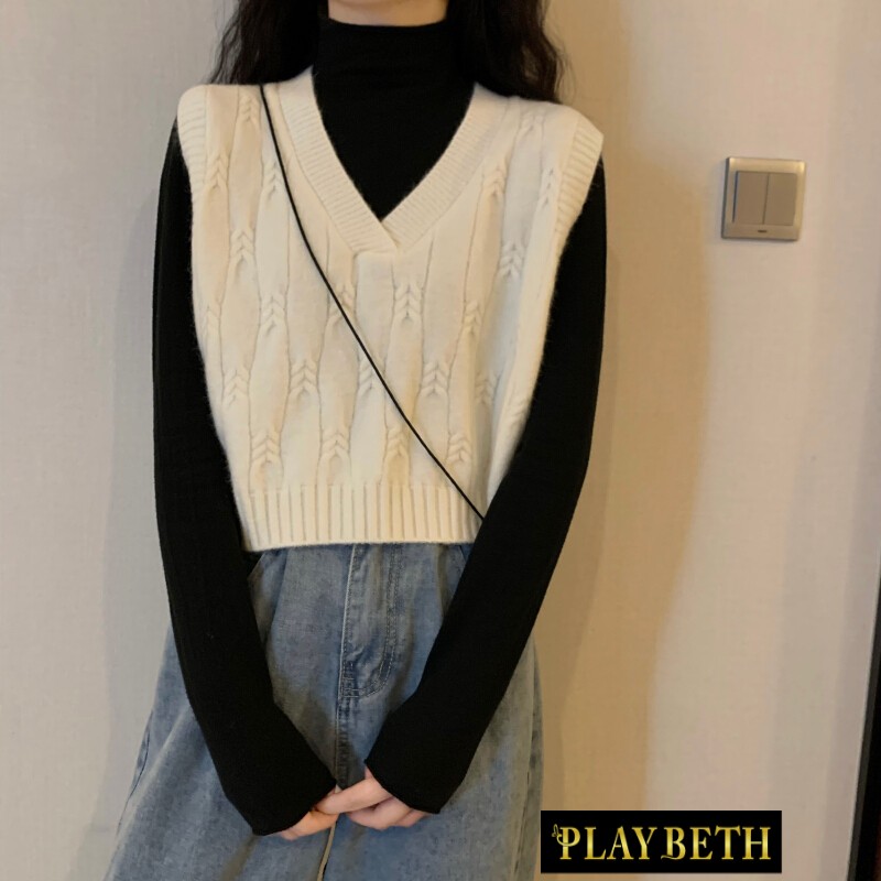 短款春春季新款韩版宽松毛衣领针织马甲女背心上衣外穿潮 白色马甲