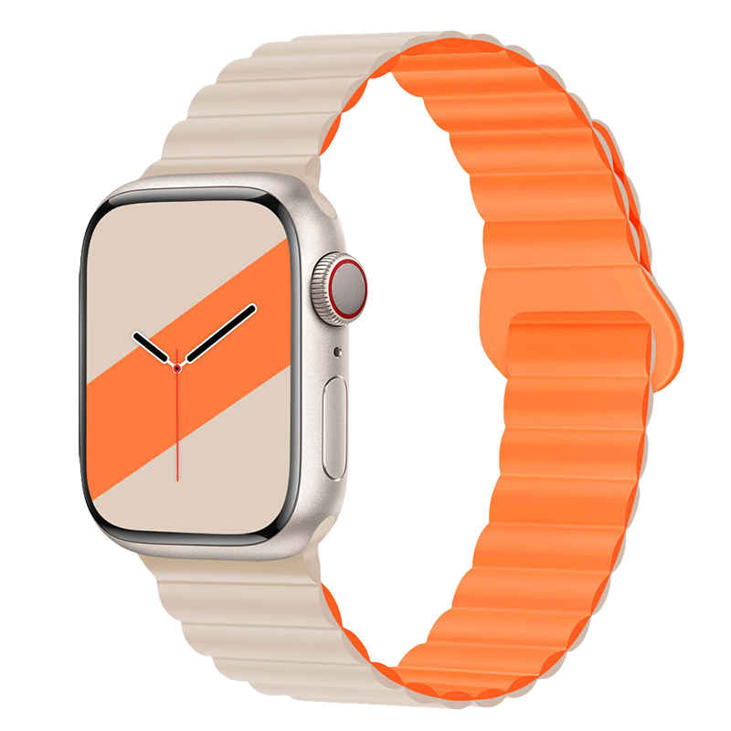 码仕 适用苹果手表带Apple iwatch磁吸硅胶ultra/S8/7/6/5/SE白配橙45