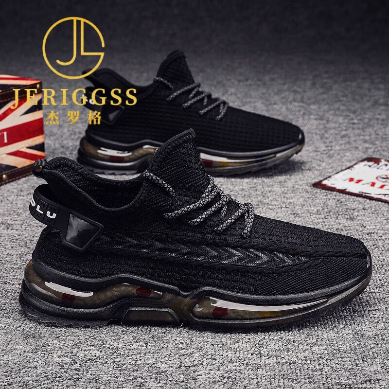 杰罗格（JERIGGSS）轻奢品牌男士夏季新款2021透气网面飞织运动休闲鞋商务旅游鞋 黑色 39