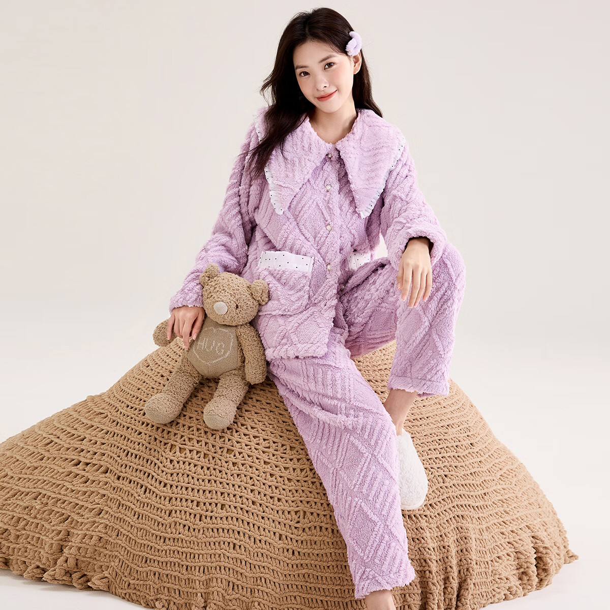 玛伦萨（manza）珊瑚绒睡衣女秋冬季新款公主风加绒加厚双面保暖女士家居服套装 樱花粉 M