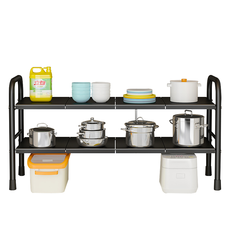 水天一方 厨房置物架可伸缩下水槽分层架家用锅具碗碟调料储物收纳架子 黑色双层【长度可伸缩】配6块板