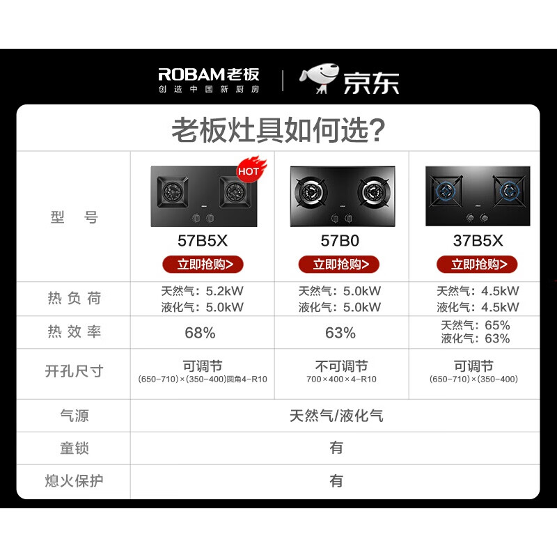 老板燃气灶家用5.2kW超大火力68%高热效易打理嵌入式可调节底盘猛火灶具以旧换新JZT-57B5X 5.2kW可调节天然气