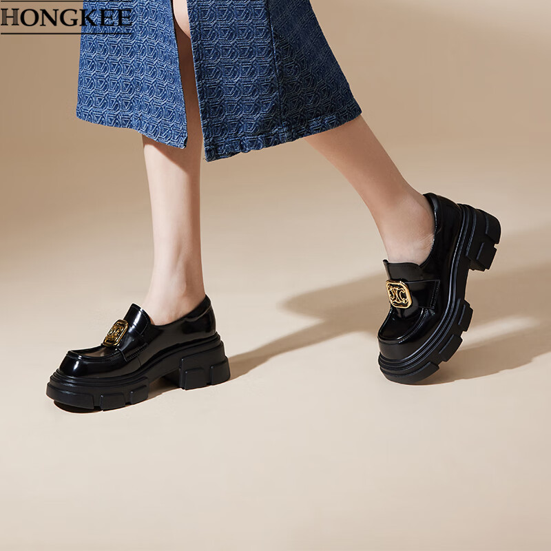 2023年春季新款女鞋牛皮粗跟英伦风乐福鞋女