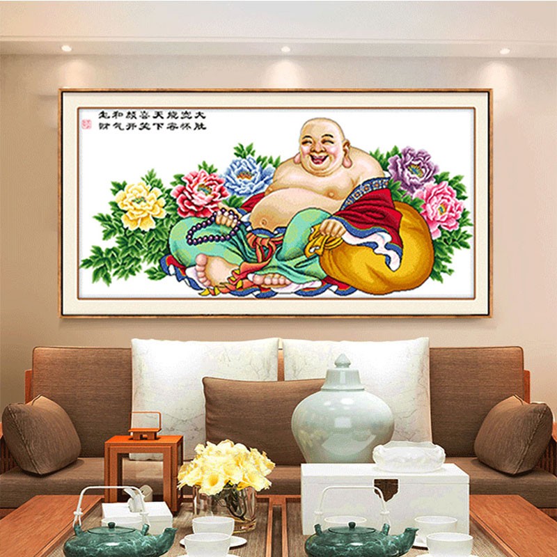 绣魁十字绣新款线绣弥勒佛笑口常开佛祖大肚佛客厅画3d精准印花手工绣