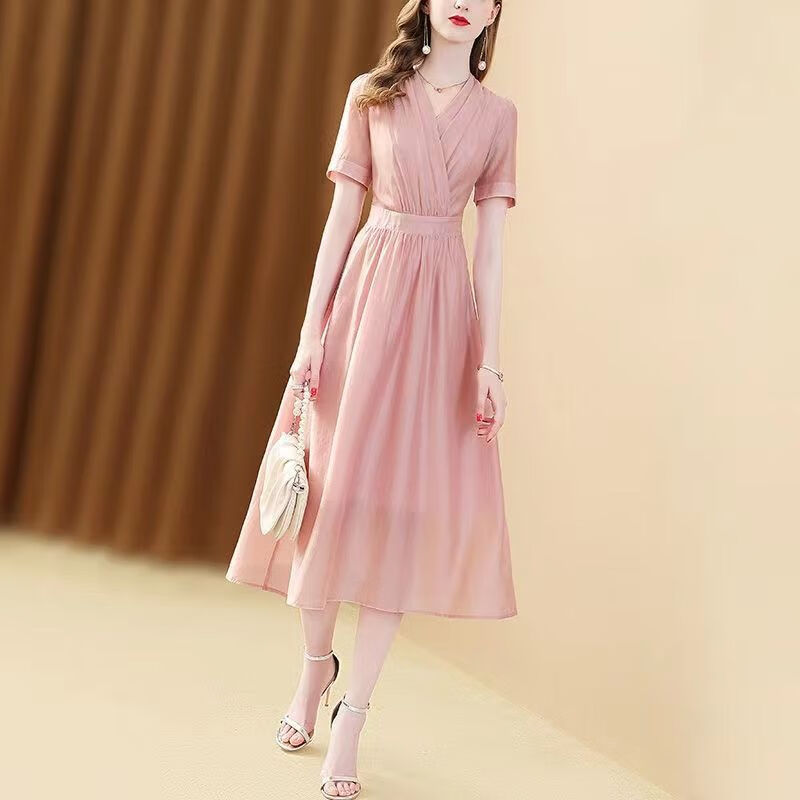 coon arper连衣裙2023年新款粉色v领轻奢高端御姐夏季淑女范收腰显瘦