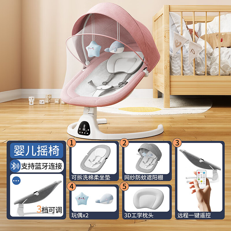 ZBENSER电动婴儿童摇摇椅宝宝哄睡神器新生儿躺椅摇篮0-1岁满月礼物礼盒 Q8白底座+白色架子粉色5件套 【触屏+坐垫可拆+蓝牙】