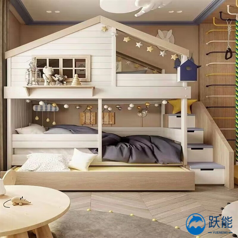 京噶秘密基地双层床 简约奶油风实木树屋床带滑滑梯创意双层公主 奶油
