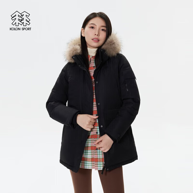 KOLON SPORT可隆女士露營羽絨衣防水透濕羽絨服戶外連帽防風外套 黑色BK S