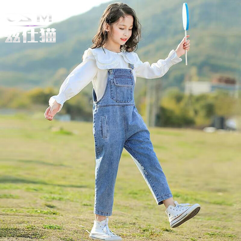 12岁小学生女孩子宽松休闲裤牛 蓝色 背带裤 110 码#适合身高100110cm