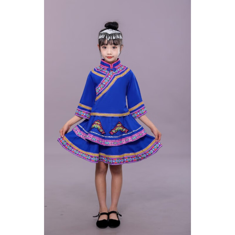 汀晨苗族服裝女兒童少數(shù)民族服裝男女童演出服廣西壯族葫蘆絲舞蹈裙表 女款雙層裙 藍(lán)色 含模特頭飾 下單170