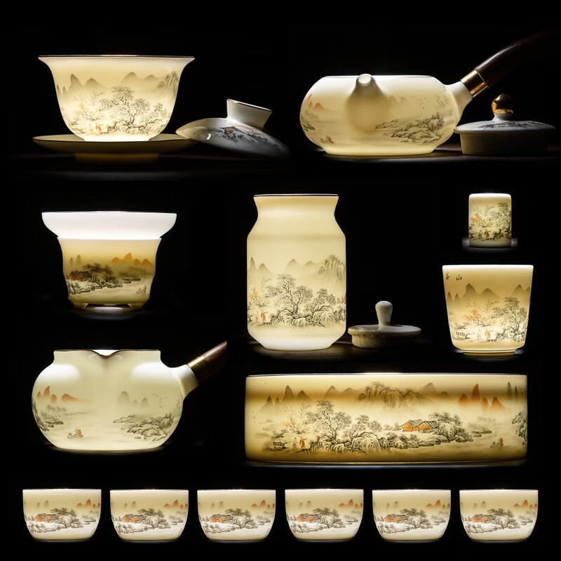 金镶玉 功夫茶具套装 中国白羊脂玉瓷家用陶瓷白瓷泡茶套装送礼礼盒装 水墨江山侧把玉盘羊脂玉瓷套装 京东折扣/优惠券