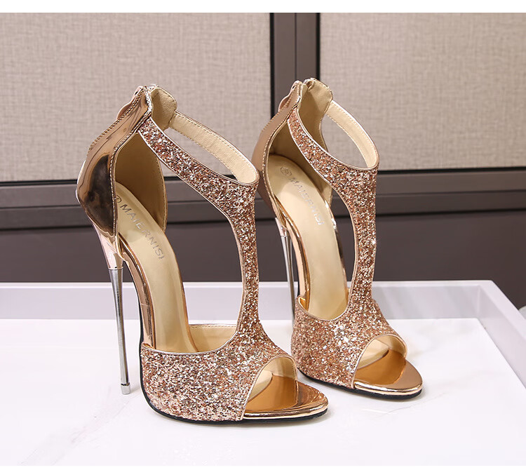 萌阅sm性感情趣高跟鞋床上免脱金属跟后拉链鱼嘴亮片细跟 红色 35