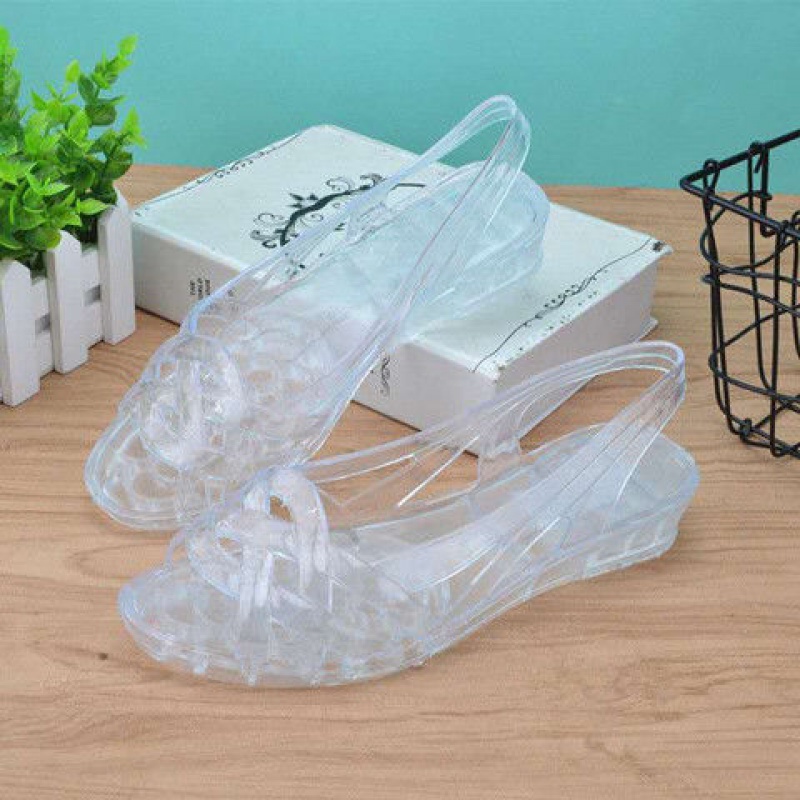 恺吉锐水晶鱼嘴凉鞋女坡跟夏季软底舒适妈妈鞋透明塑料防滑沙滩鞋年代