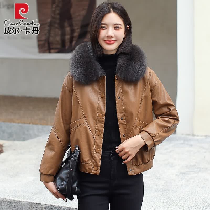 皮尔卡丹pu皮衣外套女春秋2023新款短款加绒加厚皮毛一体皮夹克上衣2023冬 驼色 XL怎么样,好用不?