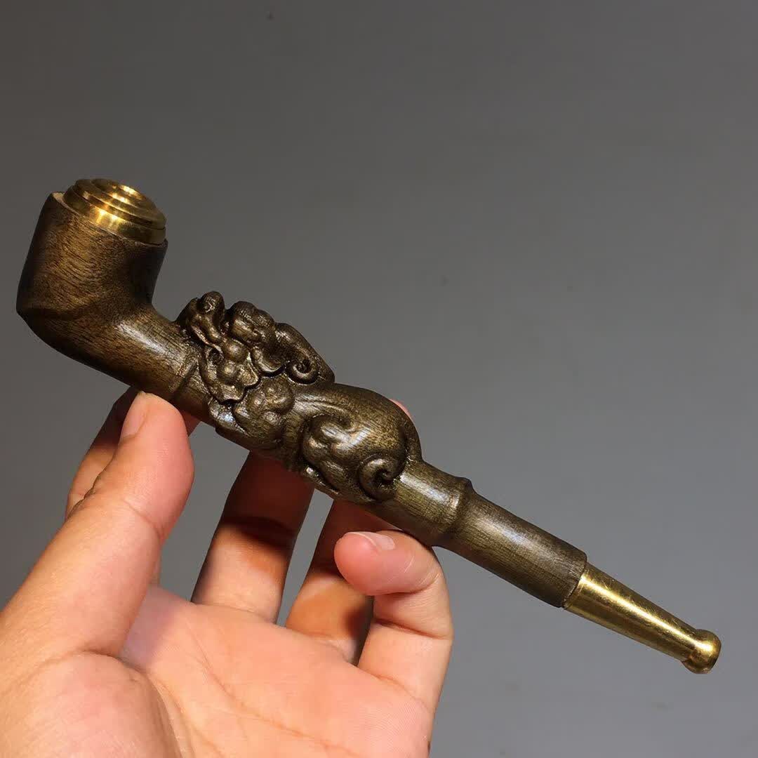 佰穆兰麒麟崖柏木老式雕刻龙烟斗嘴两用可清洗过滤金丝楠阴沉木手工男