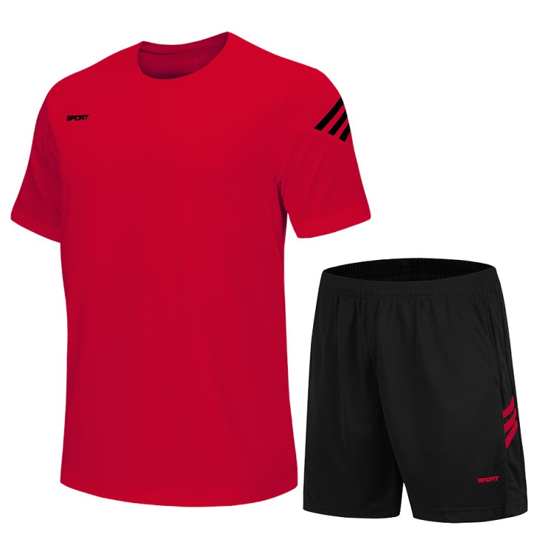 运动套装男短袖休闲训练足球服夏季两件套健身服跑步服速干衣 恤 红色 M
