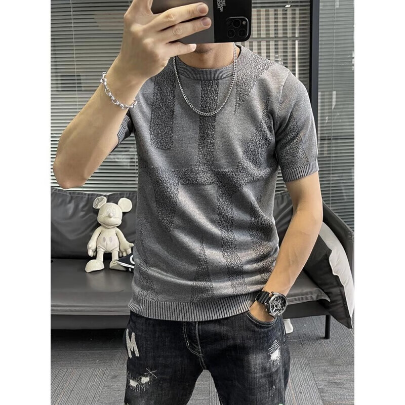 LUO ELEMENT短袖毛衣针织衫男2023圆领春秋新款纯色创意提花半截袖弹力打底衫 灰色 M