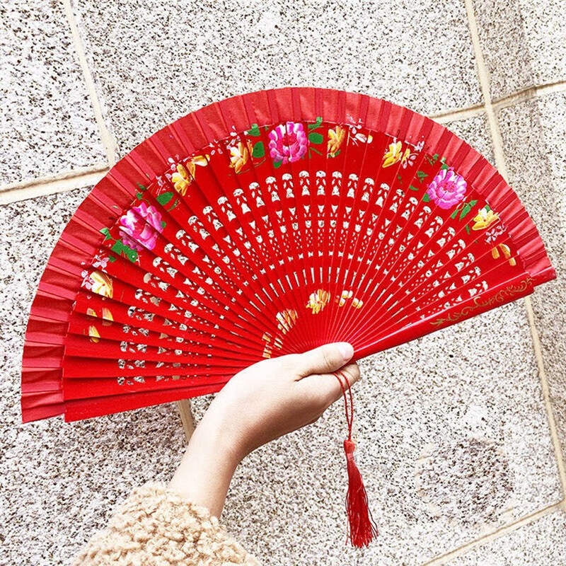 梦宽好开合七寸旗袍走秀表演扇子双面跳舞中国风女折扇 双面大红f款