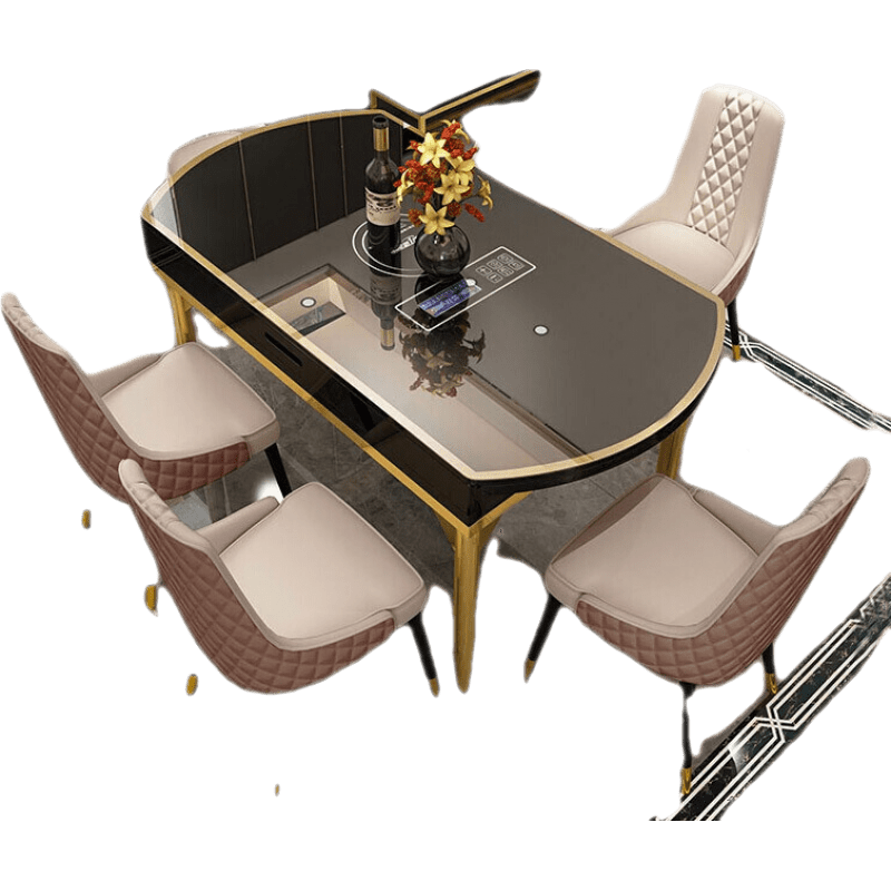 帕芭莎 现代轻奢可伸缩折叠实木圆形钢化玻璃家用电磁炉小户型餐桌椅组合 餐桌 无电磁炉款