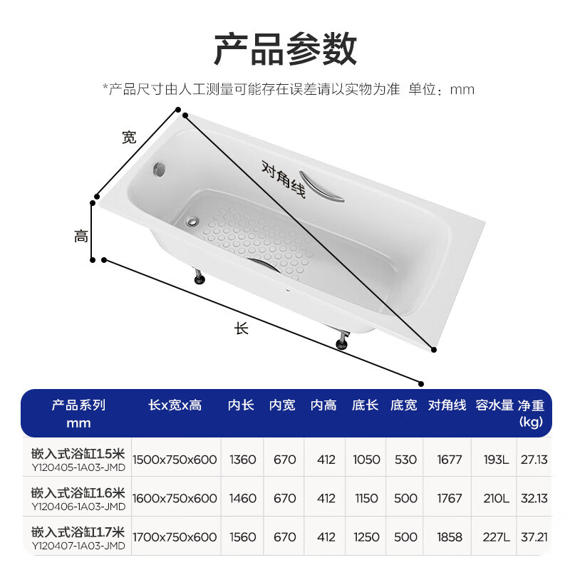 九牧（JOMOO）洗澡泡澡池浴室沐浴小户型浴缸家用亚克力浴缸方形嵌入式浴缸 嵌入式 1.5m深泡浴缸Y120405