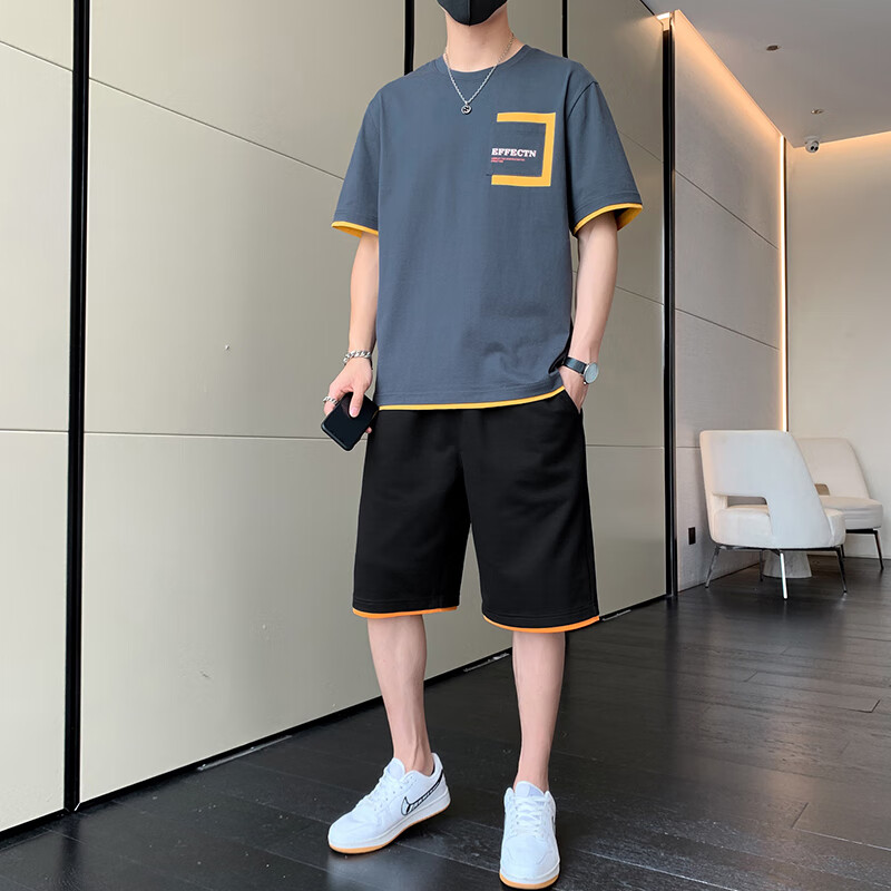 顶峰保罗（Dingfengbaoluo）男士夏季套装短袖t恤短裤纯棉薄款休闲运动男装KPR03铁灰2XL