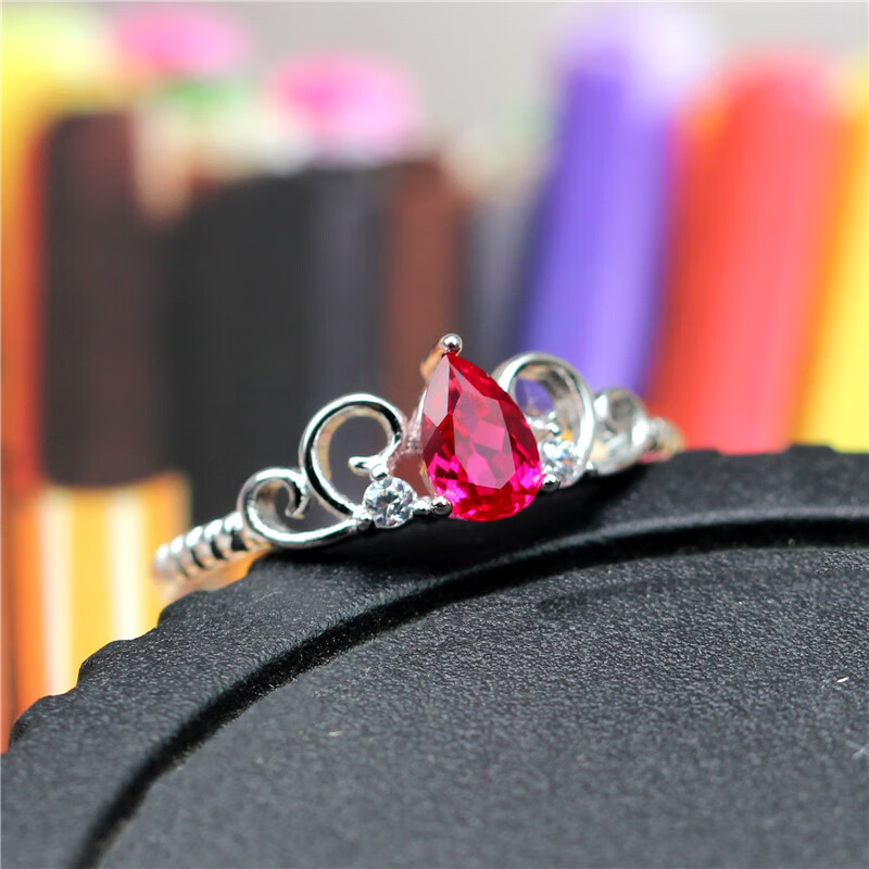 双盈喜水滴红宝石戒指女单戒925银百搭时尚个性红色转运日韩同款活口