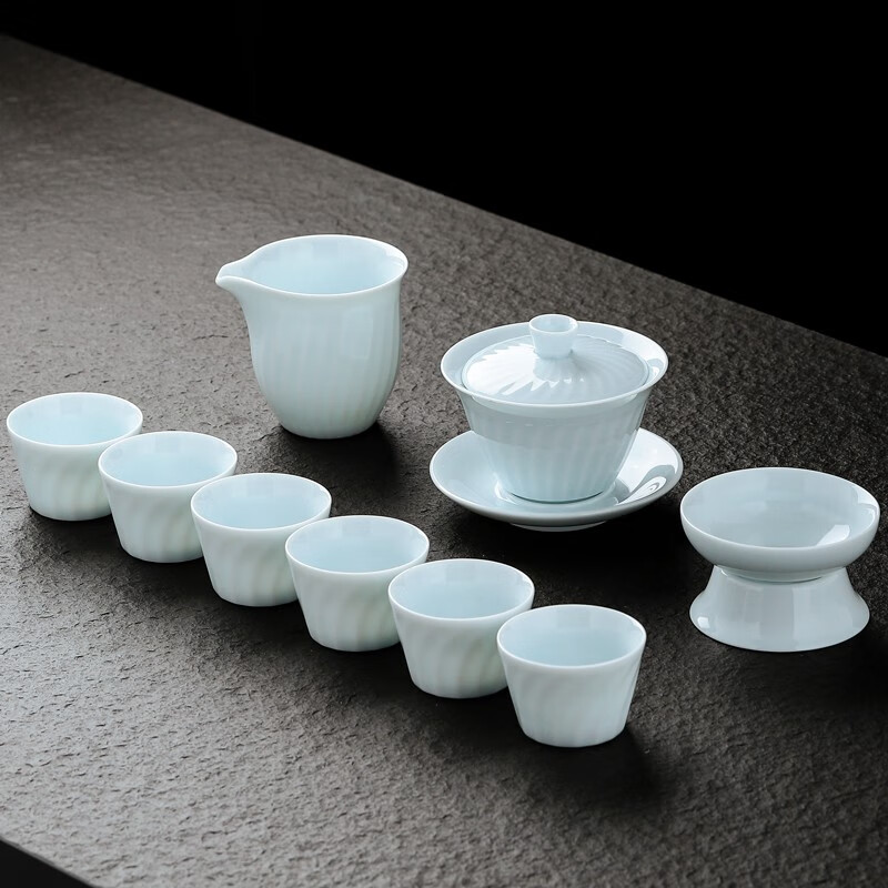 泥宵窑影青瓷茶壶功夫茶具茶杯套装高档轻奢羊脂玉盖碗泡茶壶提梁壶