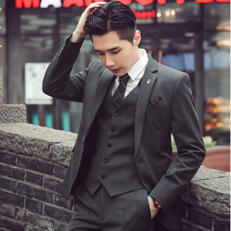 以舟西装整套男青少年高中生大学生男毕业答辩正装西服套装三件套韩版