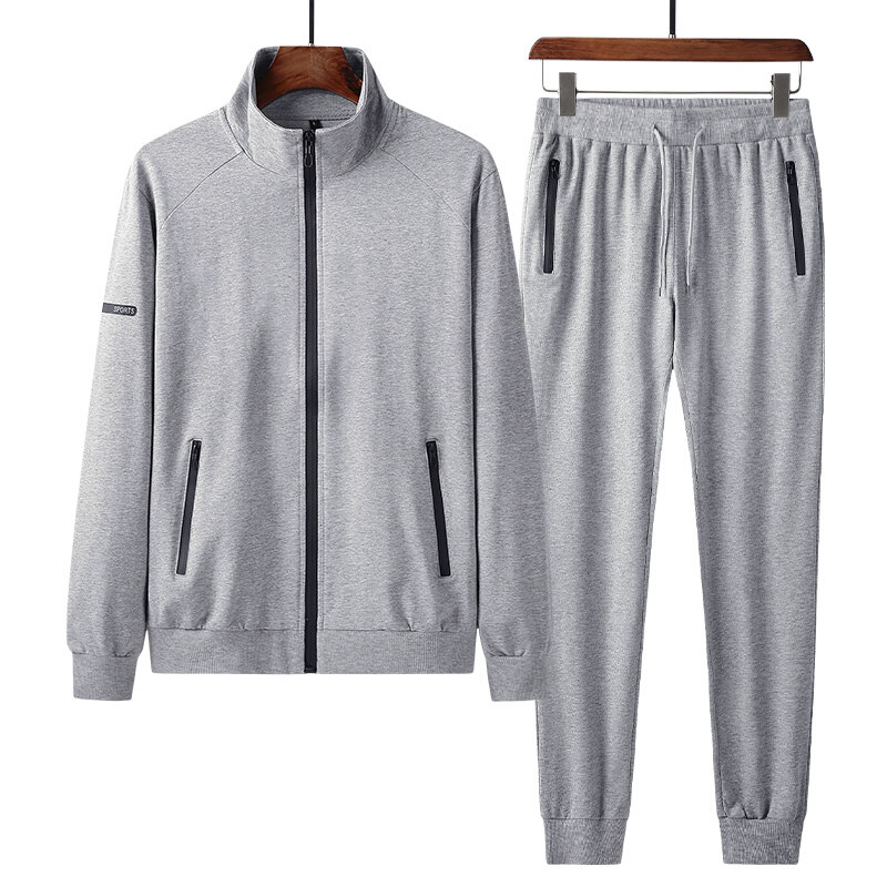 春秋男女休闲运动套装立领开衫棉大码跑步运动服时尚两件套 浅灰色 L
