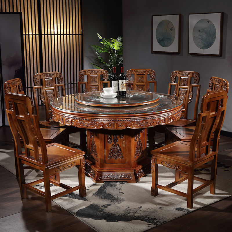 全实木餐桌中式仿古大户型雕花大圆桌家用饭桌带转盘餐桌椅组合 仿古