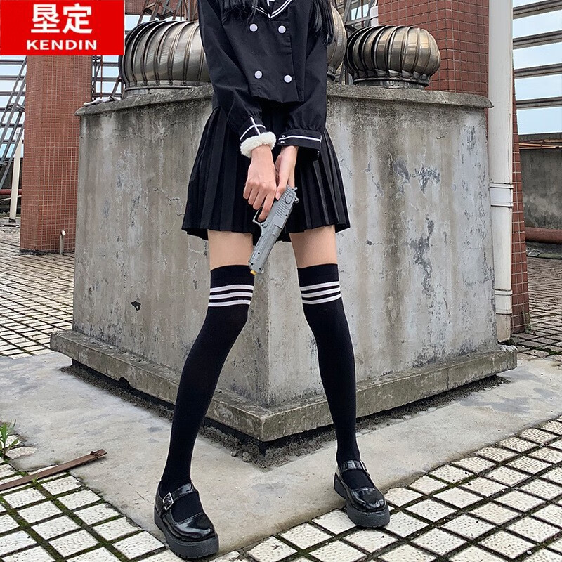 垦定(kending)日系天鹅绒条纹黑白过膝袜子夏季薄款高筒袜女学生jk长