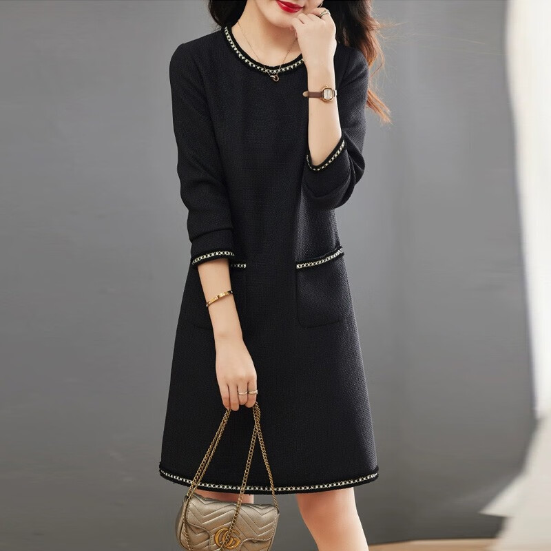 莎妮朵罗大码女装春秋装新品胖女人遮肚子显瘦胖mm收腰A字圆领连衣裙19655 黑色 2XL建议135-150斤穿着