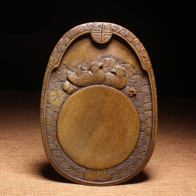 老坑黄鱼籽金晕纹理原石龙尾山手工雕刻腰圆砚台收藏礼品书画送礼佳品