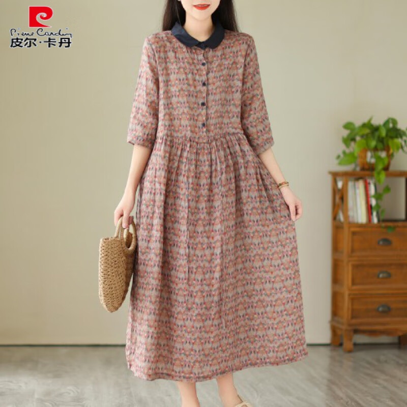 皮尔卡丹（pierre cardin）苎麻polo领连衣裙女夏文艺复古宽松显瘦遮肉洋气减龄棉麻中长裙子 图片色 L