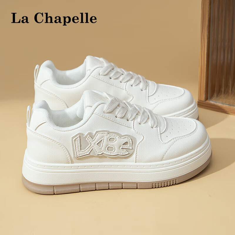 拉夏贝尔（La Chapelle）女鞋板鞋女百搭系带休闲鞋低帮厚底运动鞋女 米色 37