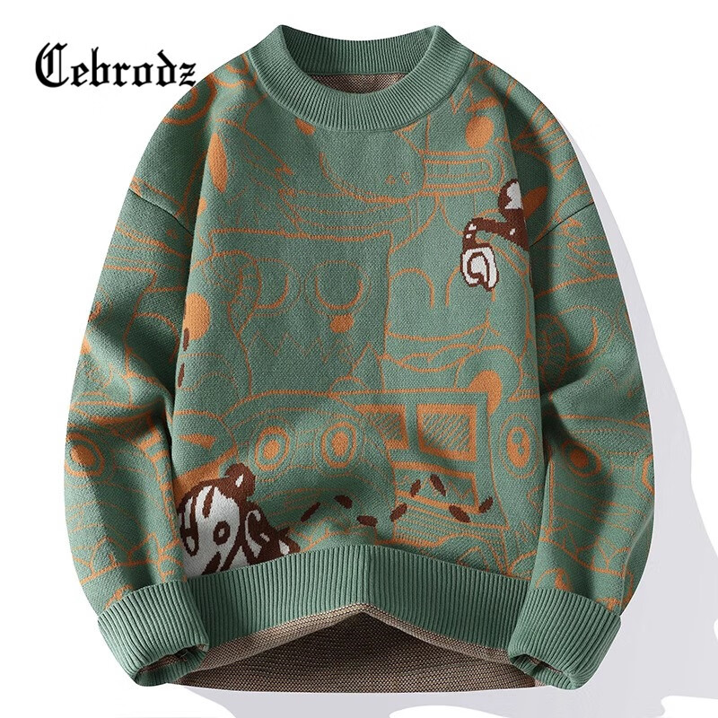 Cebrodz法国 毛衣男秋冬季加厚保暖打底衫针织衫青少年潮牌提花毛线衣 绿色 L