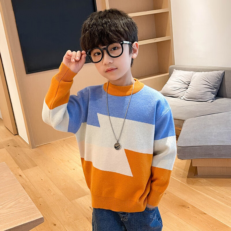 喜雅萌大童毛衣男12-15岁新款春秋季童装男童毛衣儿童针织衫 橙色 120